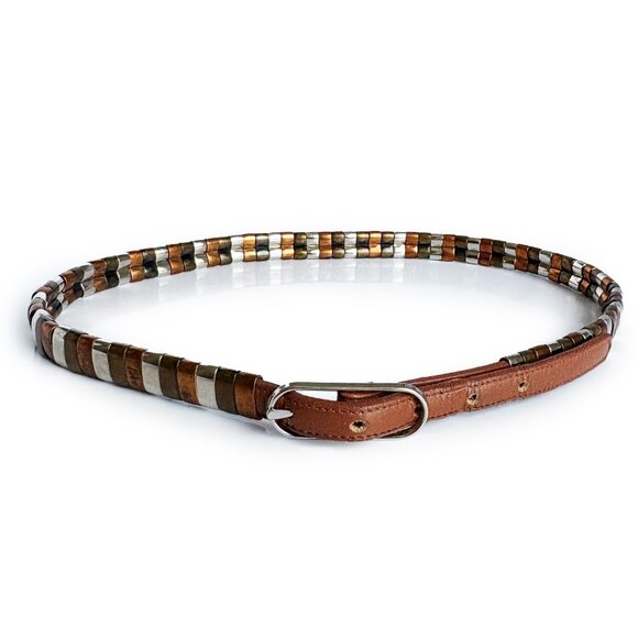 Morris Moskowitz Belt Ladies Leather and Metal Mod Skinny Rare Vintage - Picture 1 of 8